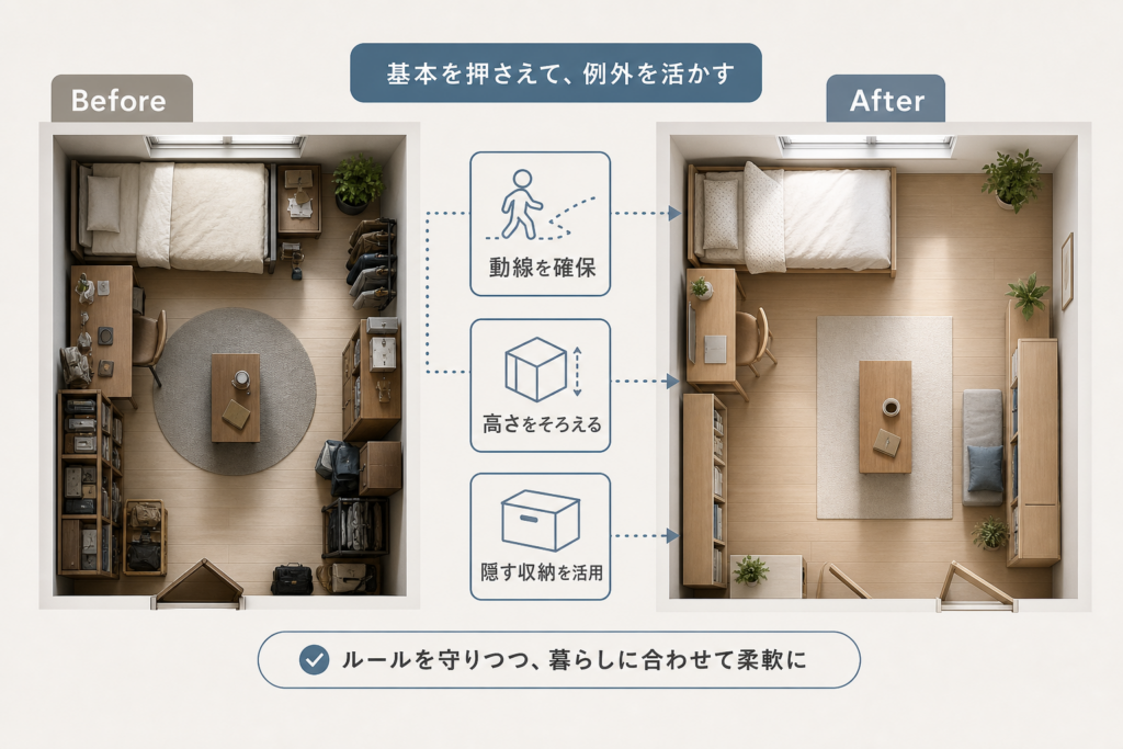 6畳レイアウトの基本ルールと物が多い部屋で使える“例外テク”