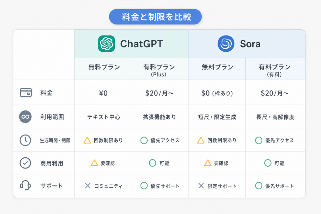 chatgptやSoraの料金と制限を一目で比較！無料と有料、どこまではタダで何が必要？
