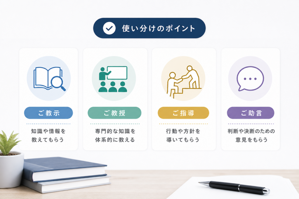 「ご教示」「ご教授」「ご指導」「ご助言」の違いと使い分け基準