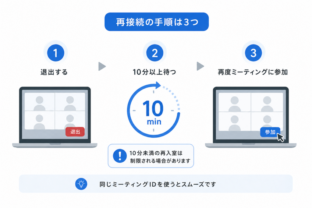 「入り直し（再接続）」で会議を継続する手順と10分インターバルの注意点