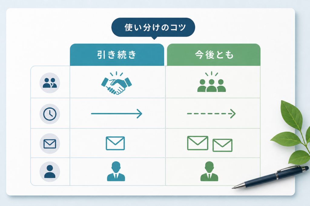 「引き続き」と「今後とも」の違いと正しい使い分け比較表