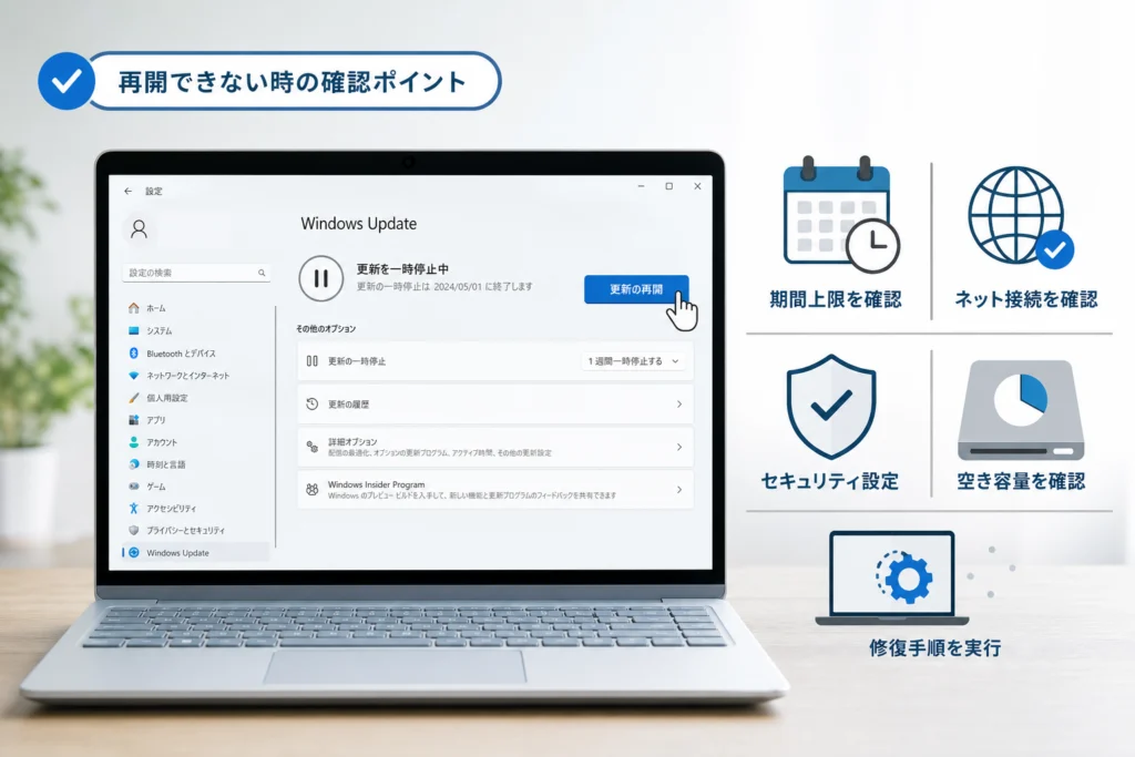 「更新の再開」を押しても進まないときは?