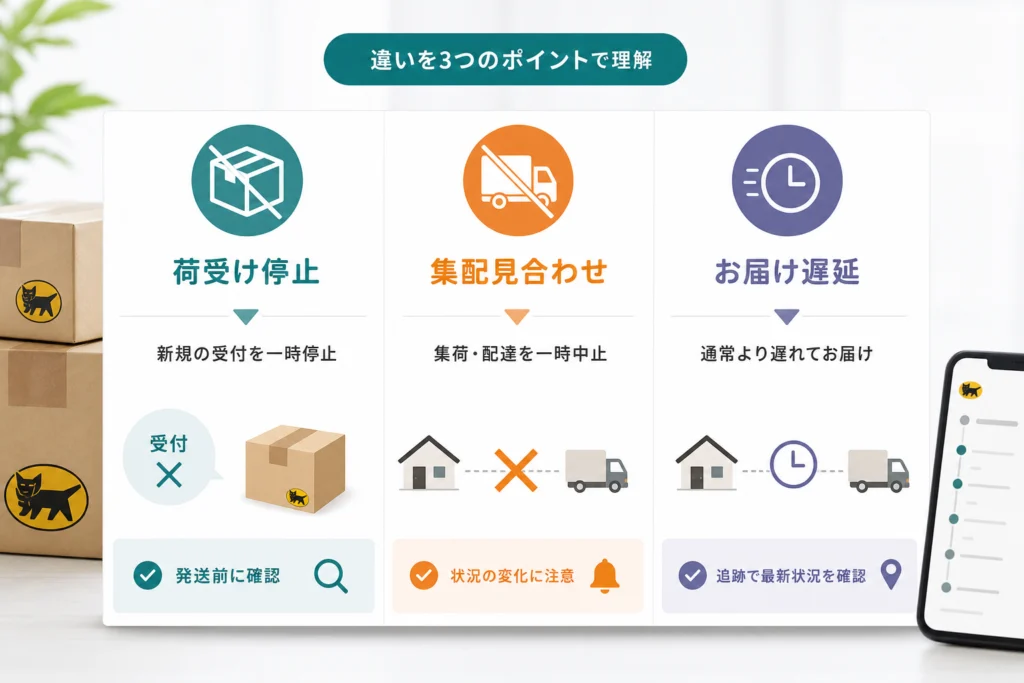 「荷受け停止」「集配見合わせ」「お届け遅延」の違い