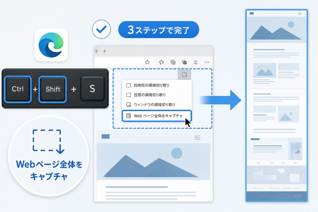 【おすすめ】Microsoft Edgeの標準機能（Ctrl + Shift + S）でWebページ全体キャプチャを撮る手順