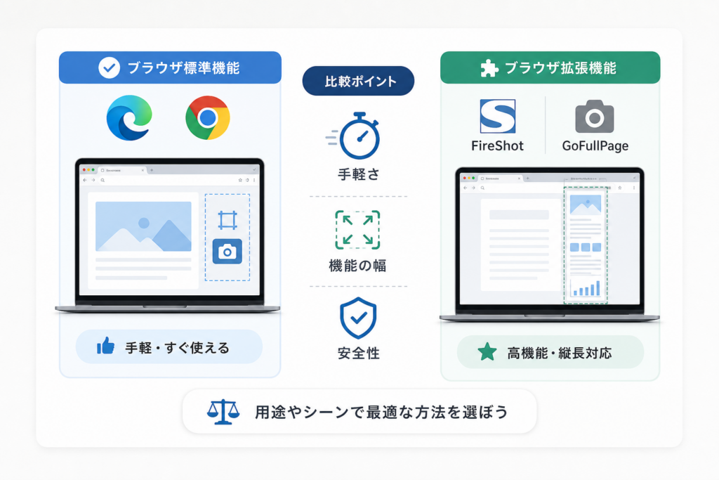 【ツール比較】標準機能 vs ブラウザ拡張機能（FireShot / GoFullPage）