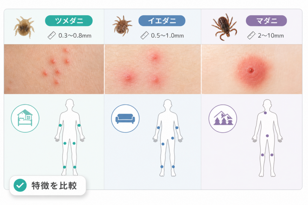 【種類別】ダニ刺されの特徴と見分け方比較表（ツメダニ・イエダニ・マダニ）