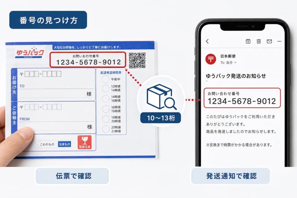 お問い合わせ番号の桁数と伝票・発送通知での見つけ方