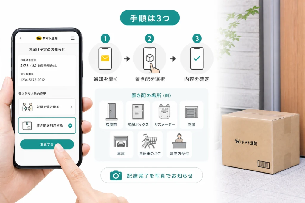 お届け予定通知から今回の荷物を置き配に指定する手順