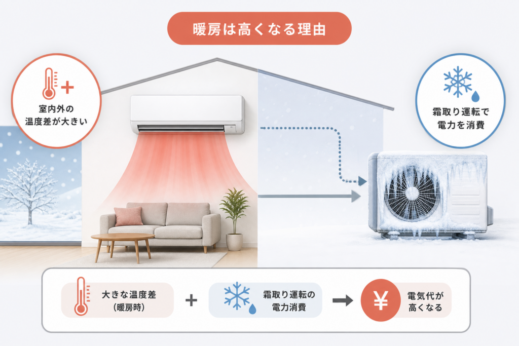 なぜエアコン暖房は冷房より電気代が高いのか?温度差と霜取り運転