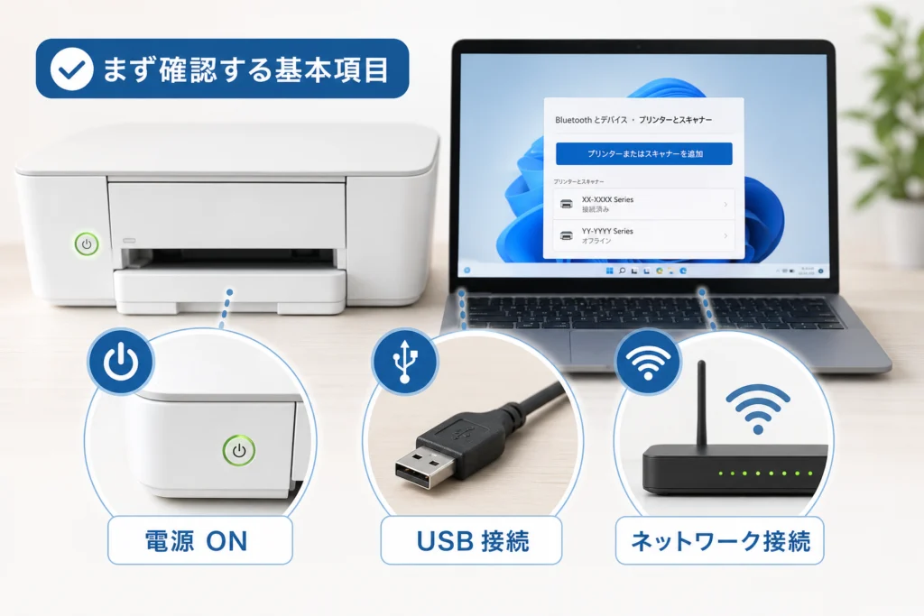 まず確認する電源・USB・ネットワークの基本項目
