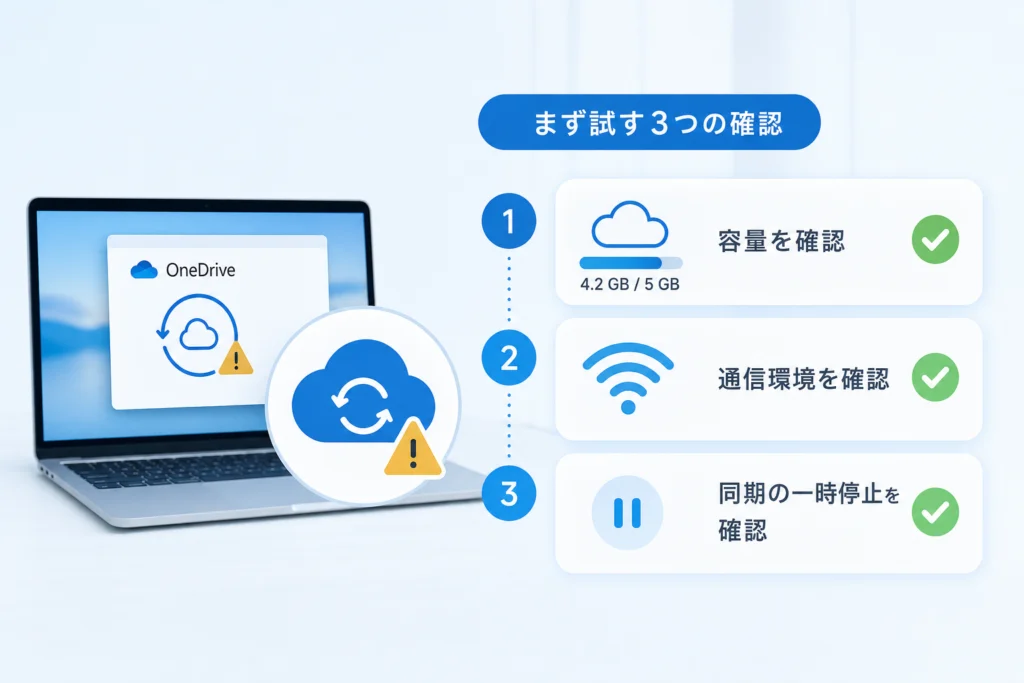 まず試す基本対処｜容量・通信・一時停止を確認