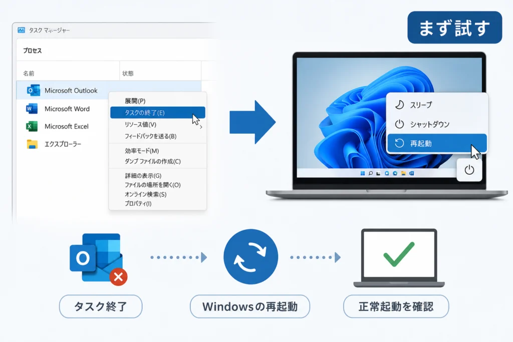 まず試す：Outlookのタスク終了とWindowsの再起動