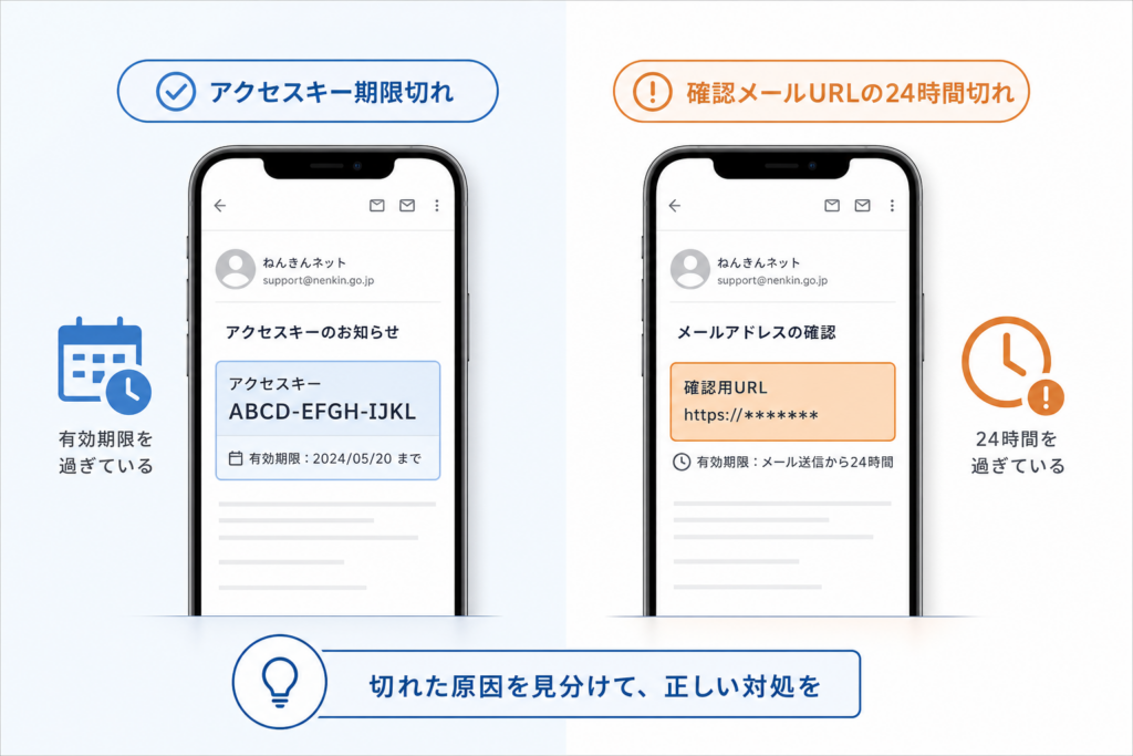 アクセスキー期限切れと確認メールURLの24時間切れを見分ける
