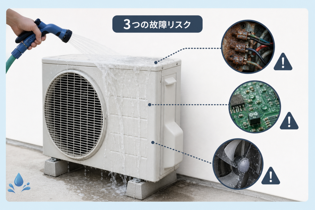 エアコン室外機への直接水かけが引き起こす3つの重大故障リスク