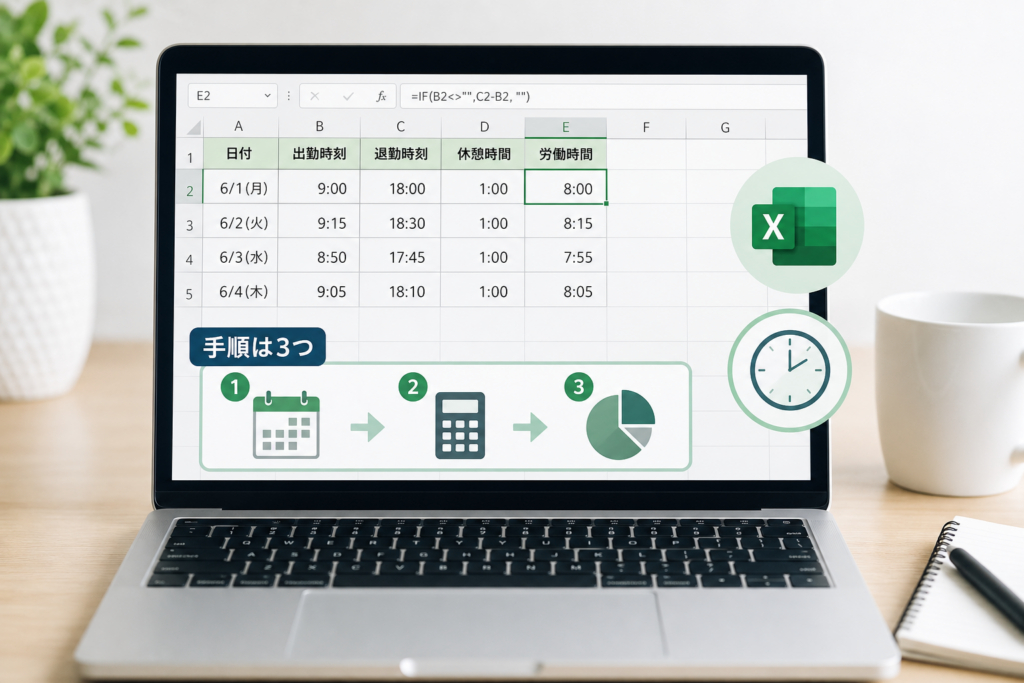 エクセルを使った労働時間の自動計算手順とおすすめ関数