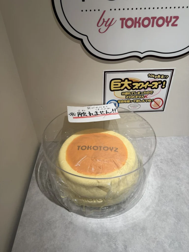 ケースに入った巨大スクイーズと「触れません」の貼り紙