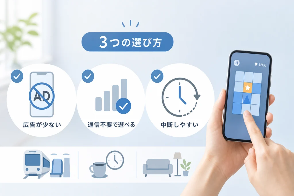 ストレスを減らせる暇ゲーは、広告・通信・中断のしやすさで選ぶ