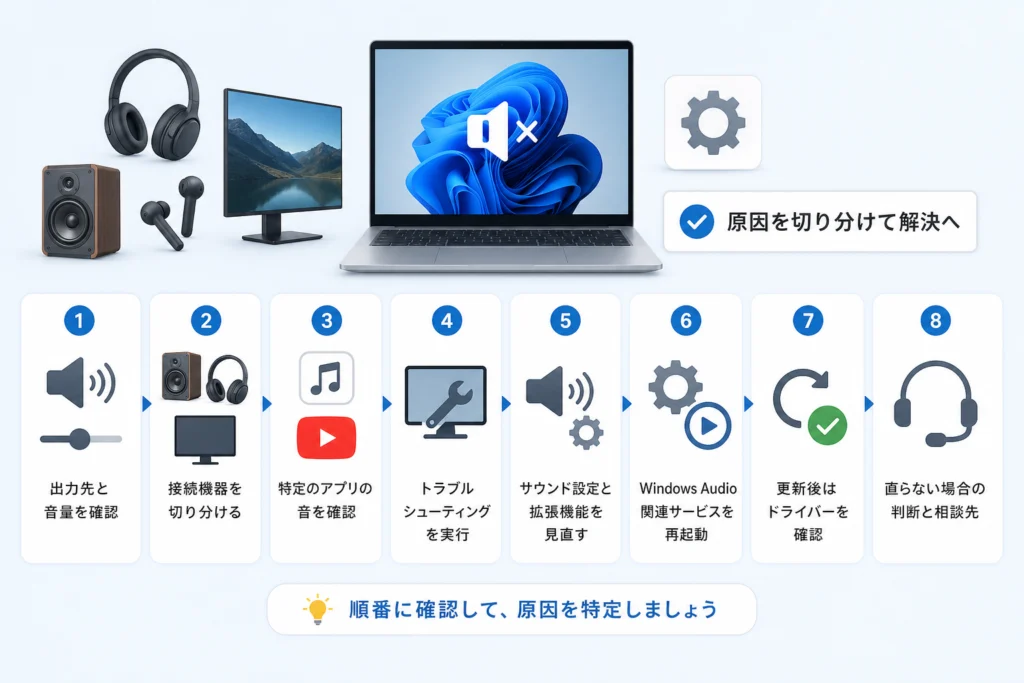 スピーカー・イヤホン・モニターのどれに音が出ている？