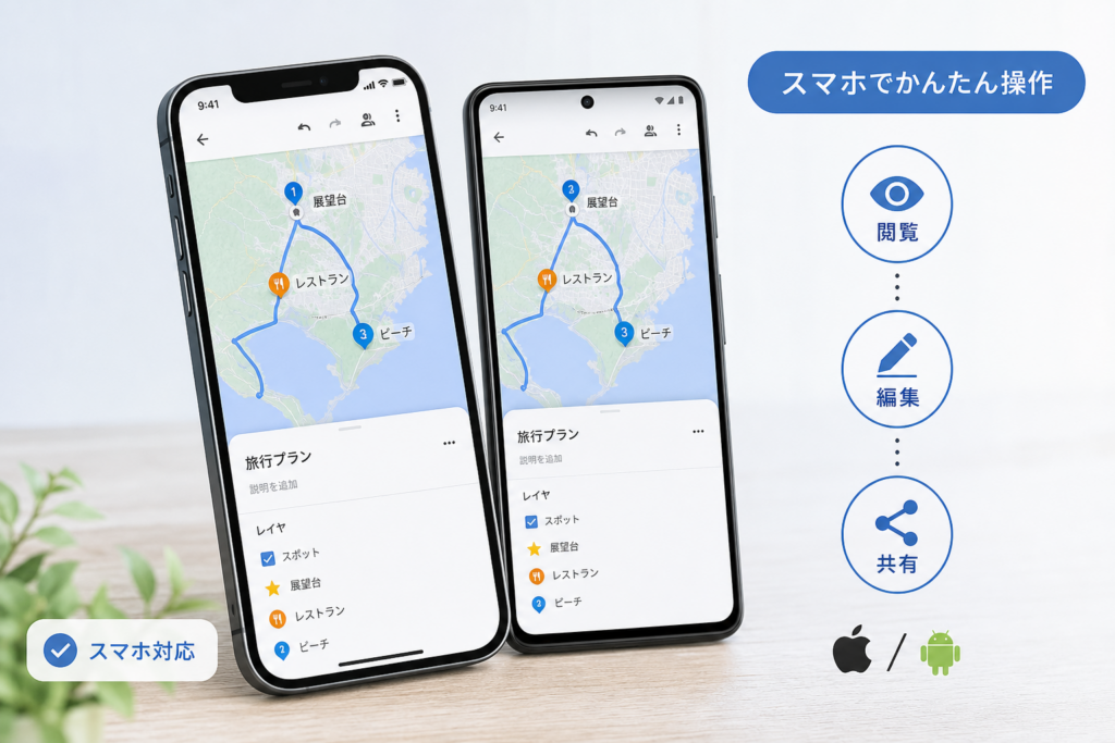 スマホ(iPhone/Android)でGoogleマイマップを閲覧・編集する方法
