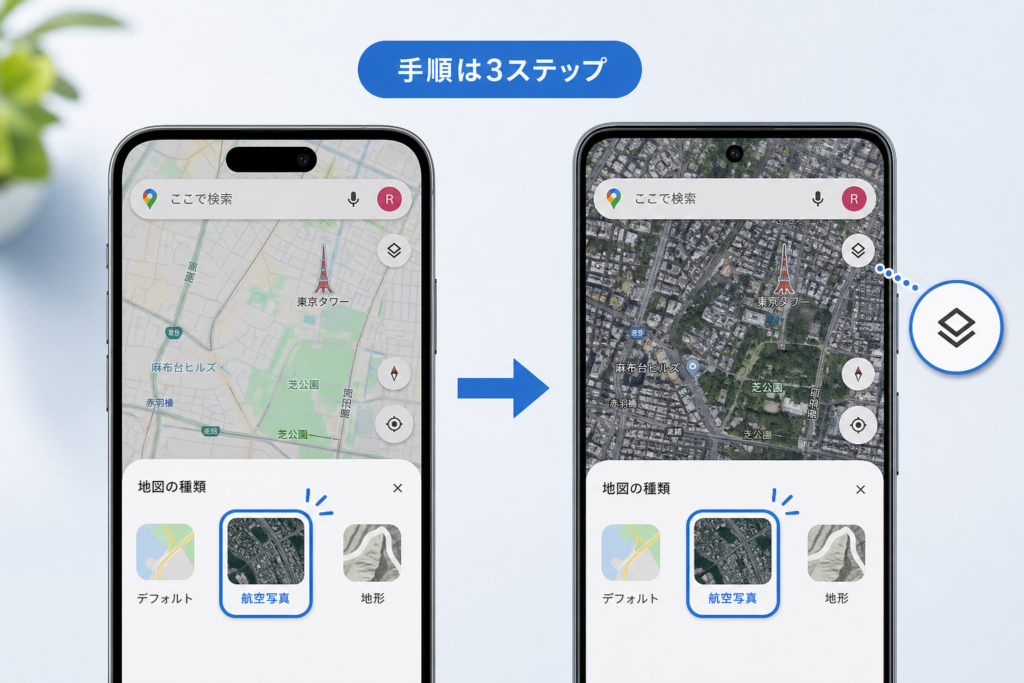スマホ（iPhone・Android）でGoogleマップを航空写真に切り替える方法