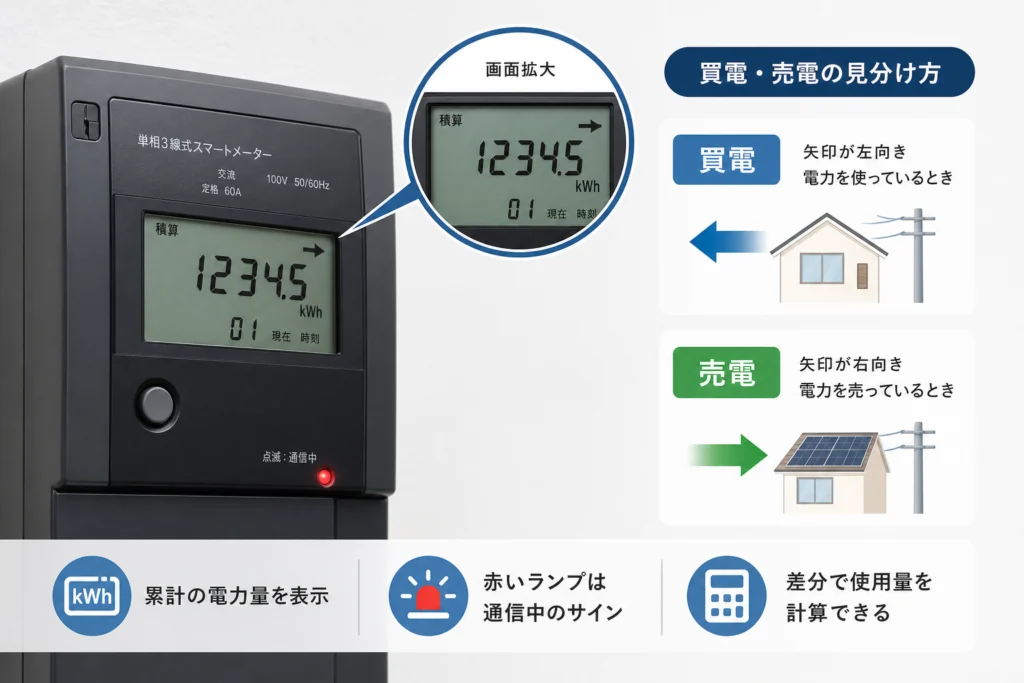 スマートメーターの液晶表示｜買電と逆潮流を取り違えない読み方