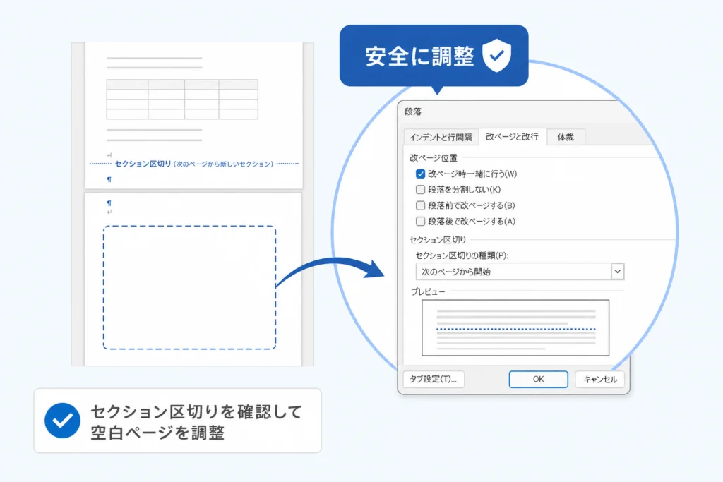 セクション区切りによる空白ページを安全に調整する