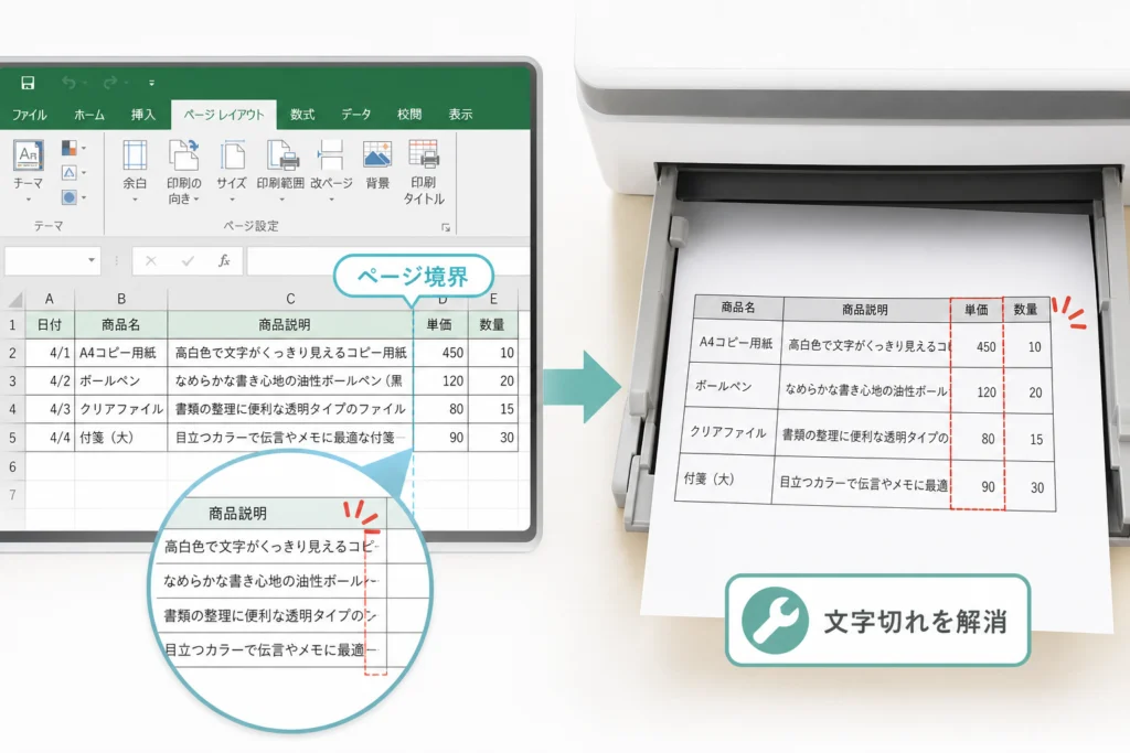 セル内の文字が印刷時だけ切れるときの修正方法