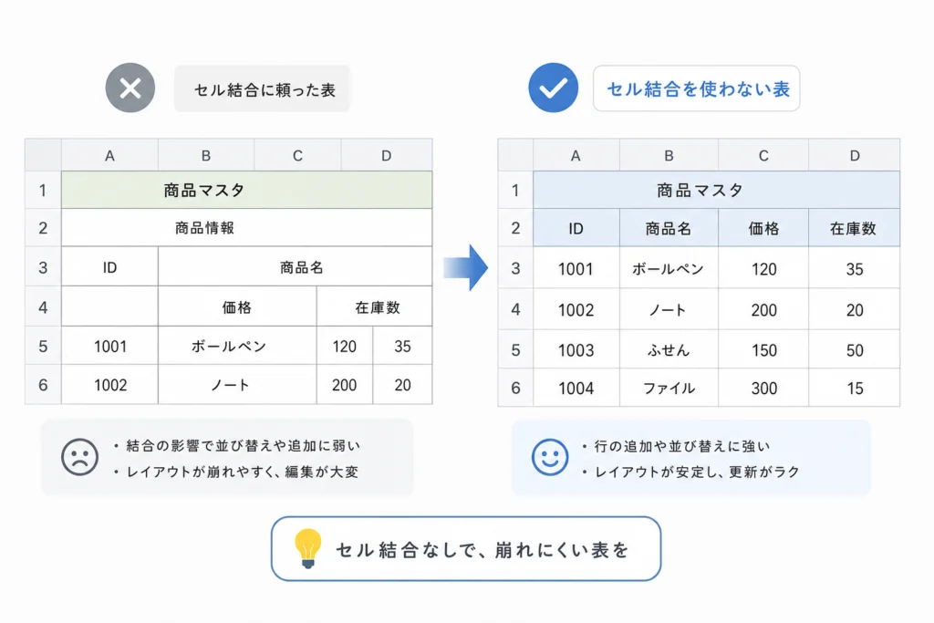 セル結合に頼らず、更新しても崩れにくい表を作る