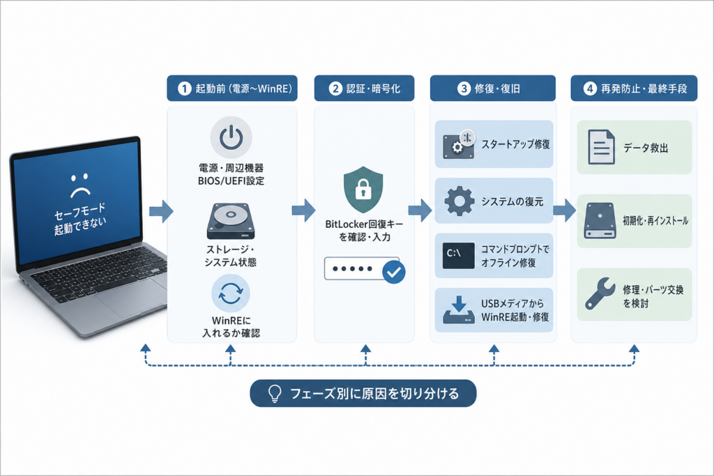セーフモードすら起動しない主な原因を障害フェーズ別に切り分ける