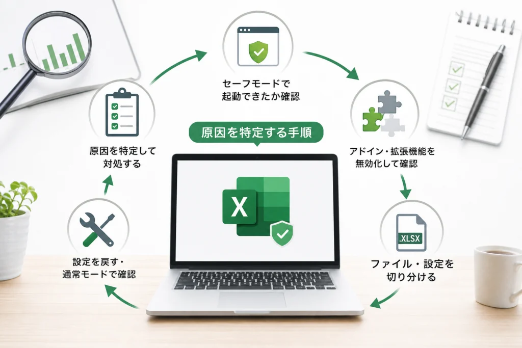 セーフモードで開けたら、原因をどう絞る？