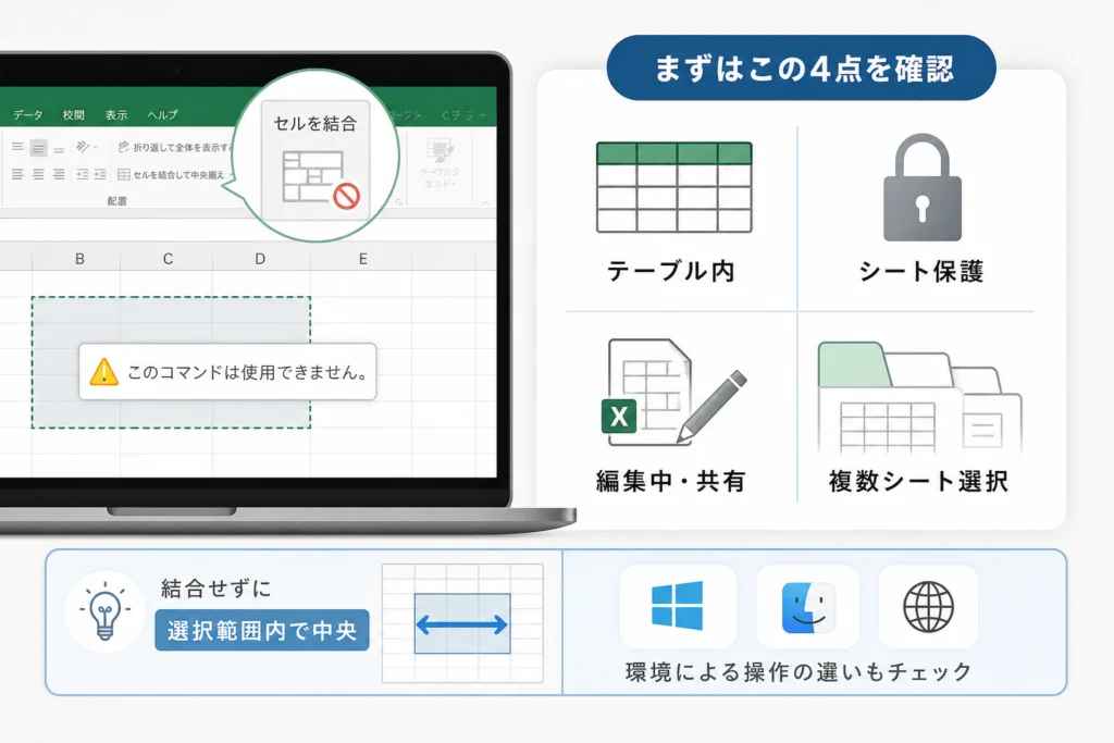 テーブル内でセル結合できない場合の対処法