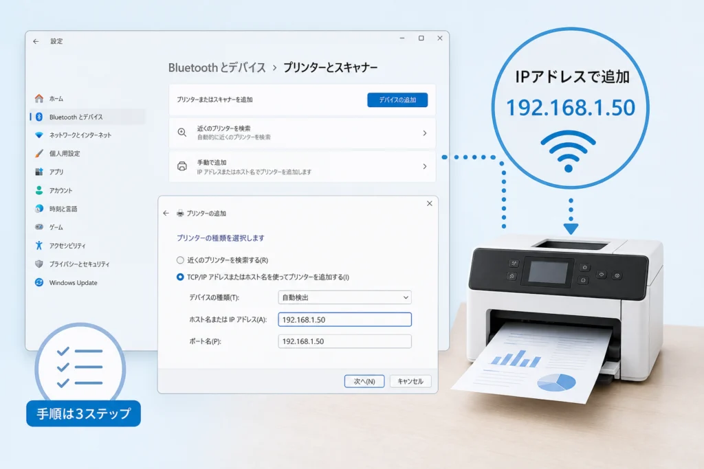 ネットワークプリンターをIPアドレスで手動追加する方法