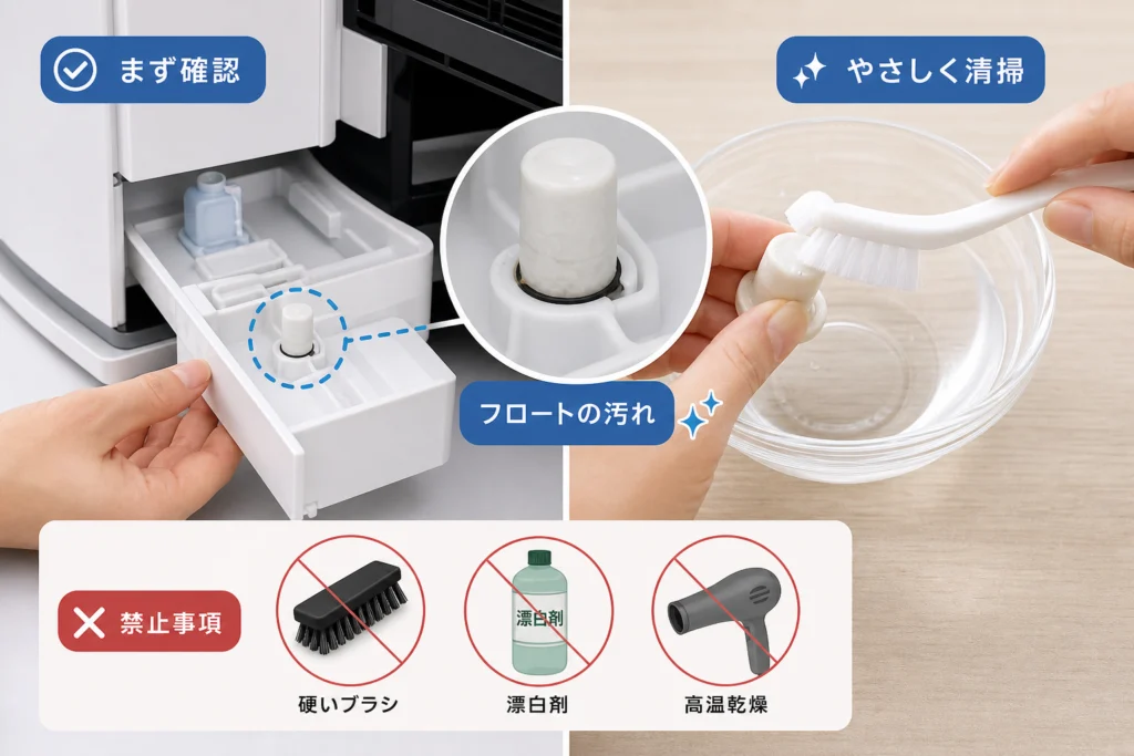 フロートの水あかを落とす方法と清掃の禁止事項
