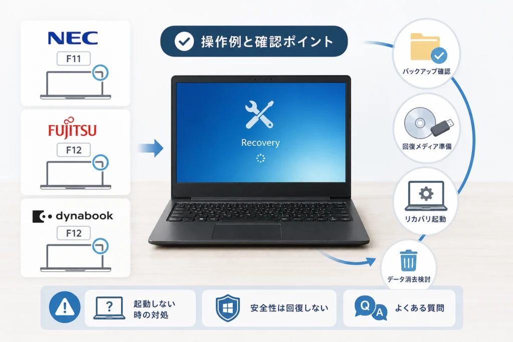 メーカー別のリカバリ起動操作例と確認事項