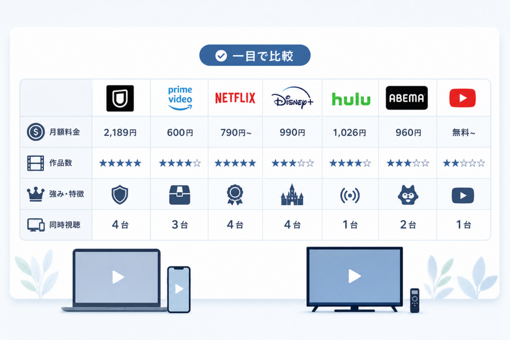 主な配信動画サイトを一望で比較！料金と強みが一目で分かる完全ガイド