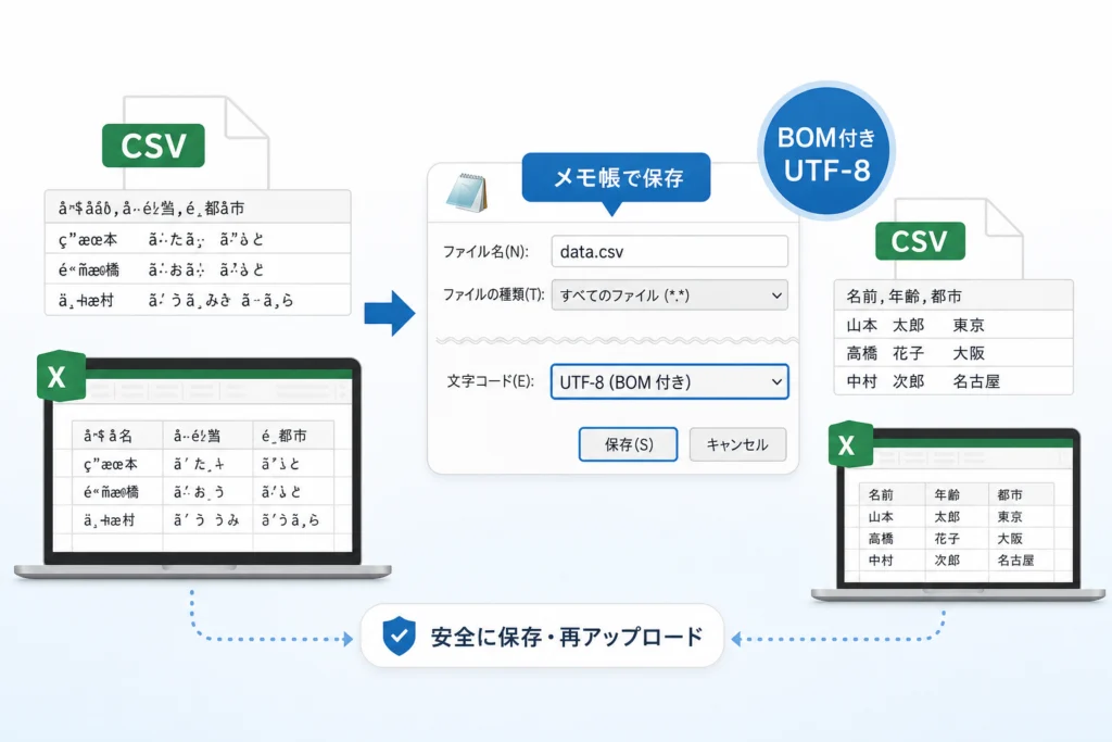 代替策:メモ帳でBOM付きUTF-8として保存する
