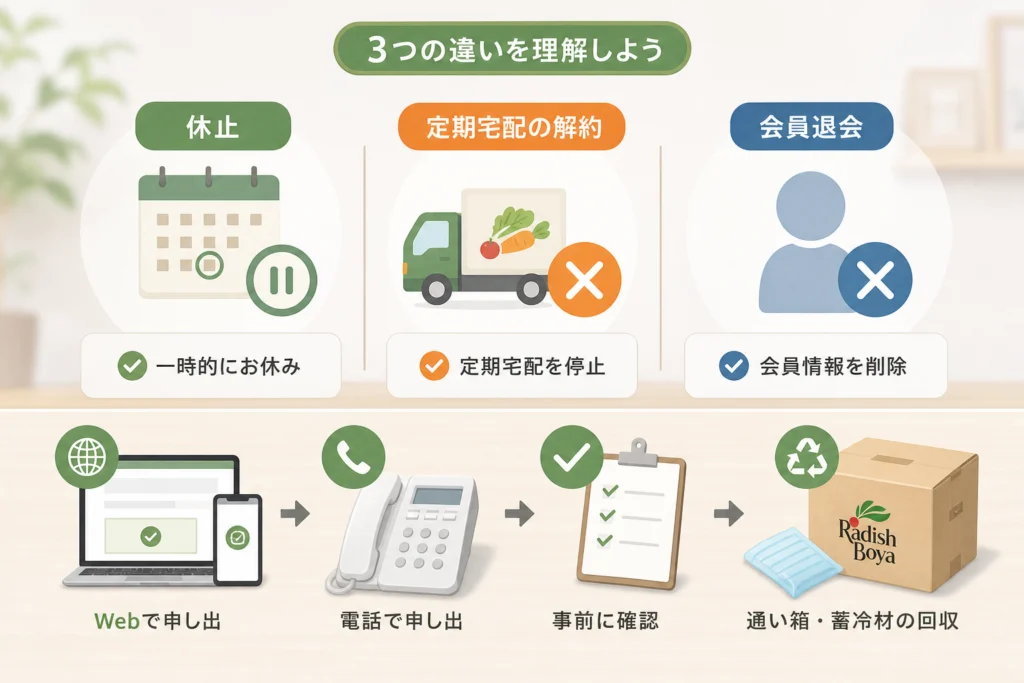 休止・定期宅配の解約・会員退会の違い