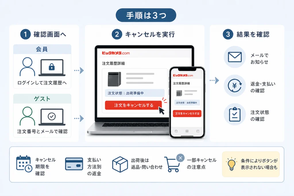 会員・ゲスト別|注文キャンセルを進める操作手順