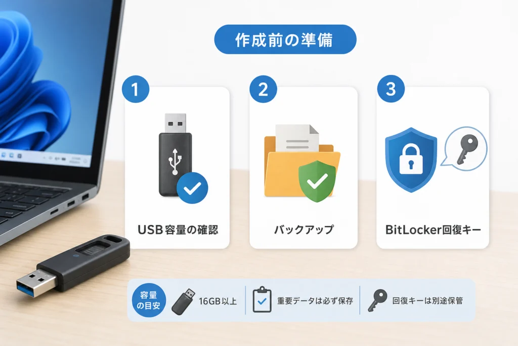 作成前の準備｜USB容量・バックアップ・BitLocker回復キー
