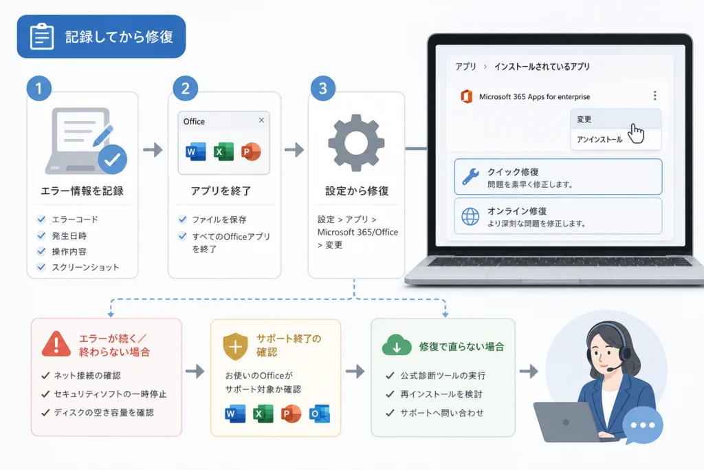 修復する前に記録する項目と、アプリの終了方法