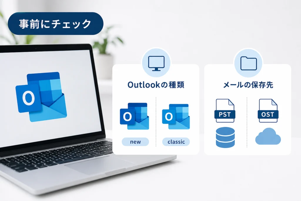 修復前に、Outlookの種類とメールの保存先をどう確認する?