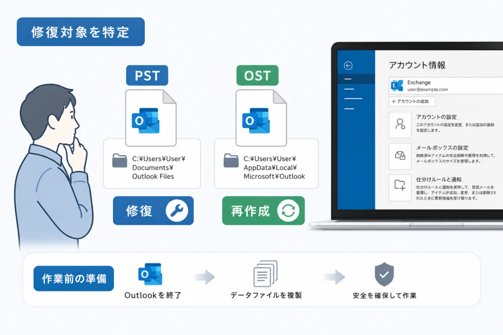 修復対象を特定する:PST・OSTの場所とアカウント設定の確認