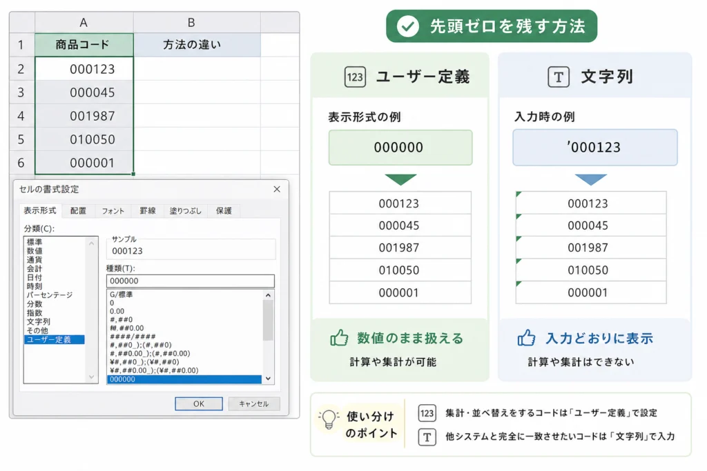先頭ゼロを残す:ユーザー定義と文字列の使い分け