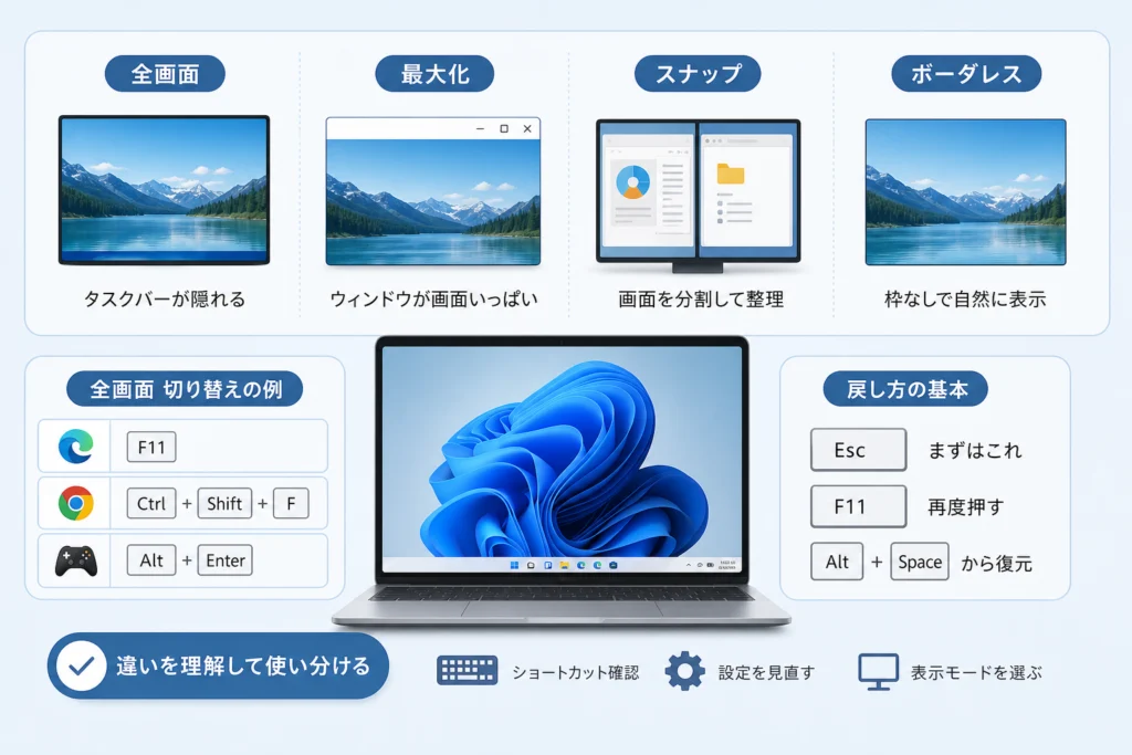 全画面表示・最大化・スナップ・ボーダレスの違い
