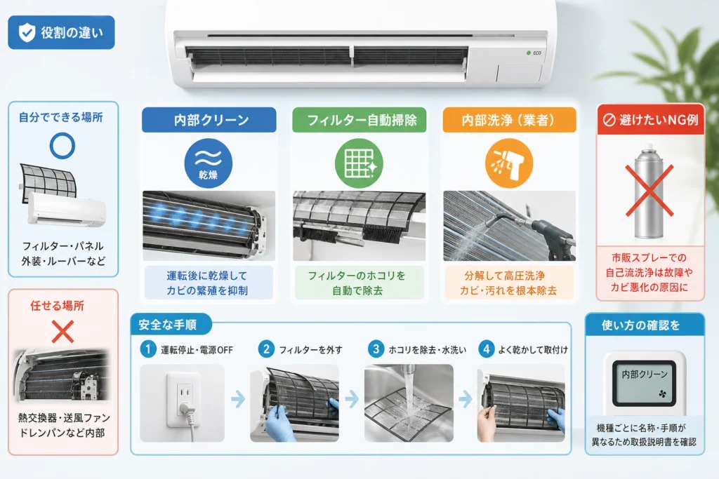 内部クリーン・フィルター自動掃除・内部洗浄は何が違う？