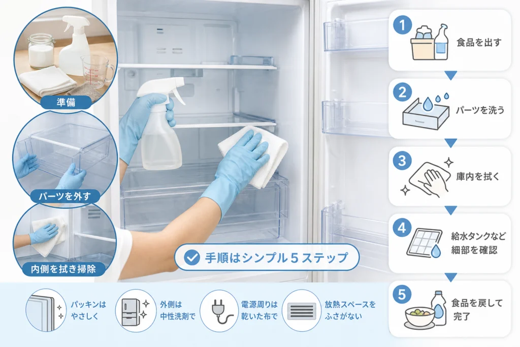 冷蔵庫の掃除はどう進める？準備から食品を戻すまで