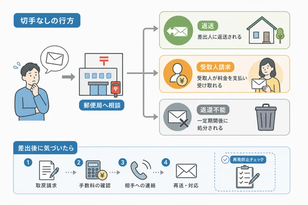切手なしの郵便物はどうなる？返送・受取人請求・返還不能の分岐