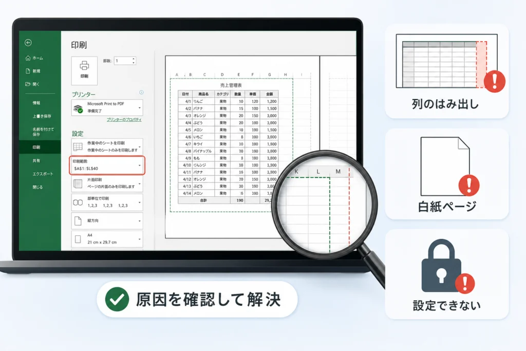 列のはみ出し・白紙ページ・設定できない問題はどこから確認する？