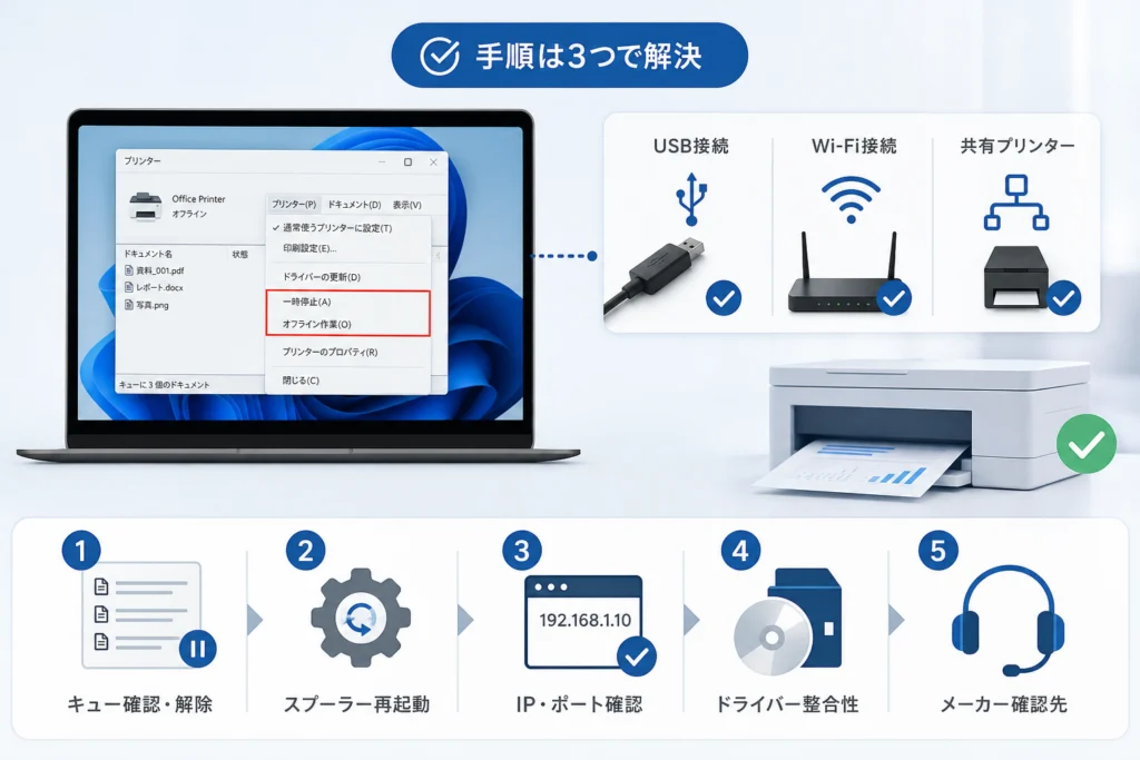 印刷キューからオフライン・一時停止を解除するには?