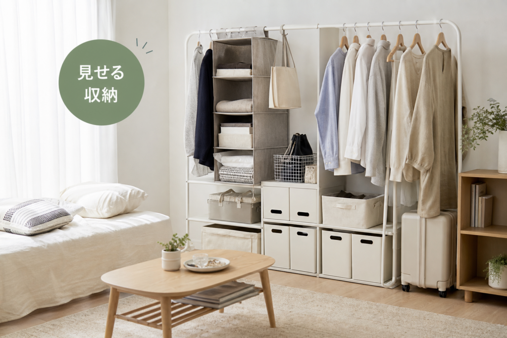 収納なしやクローゼットなし6畳レイアウトで物が多い服や小物を片づける収納ワザ